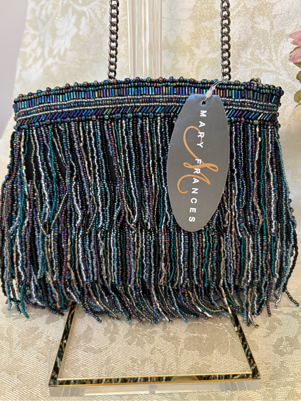 Mary Frances Iridescent Beaded “Frills” Fringe Evening Bag - Black Multi NWT